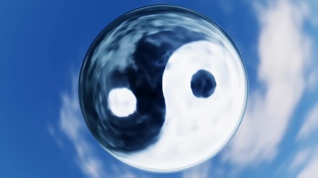 Yin and yang symbol in a glass sphere against a partly cloudy sky