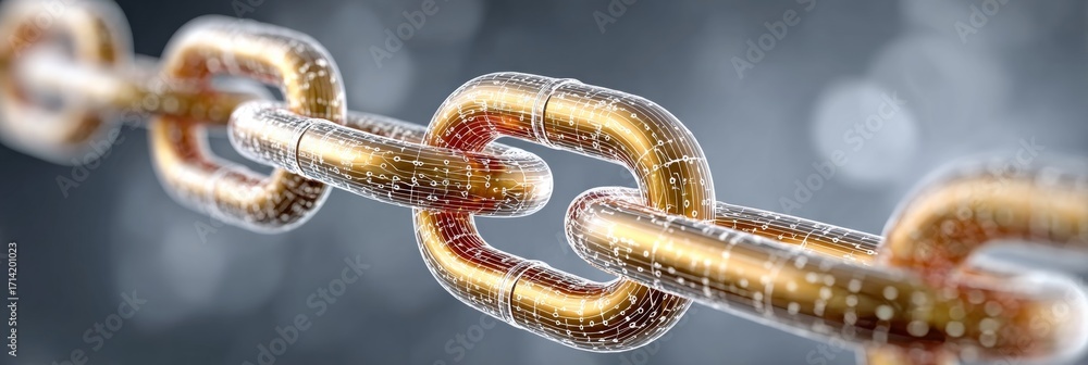 Poster golden blockchain connection of chains, cryptocurrency nodes network with abstract digital links