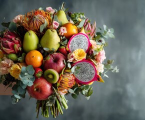 Fruit and berries bouquet. Apple, orange, strawberry, pear, kiwi, dragon fruit and flowers, eucalyptus.