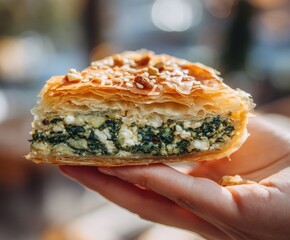 A slice of Greek spanakopita pie in hand. Vegan spanakopita pie with spinach, made from phyllo dough, sliced.