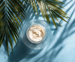 Cosmetic cream or moisturizer on transparent ribbed acrylic plate with tropical palm leaf shadows on blue background.