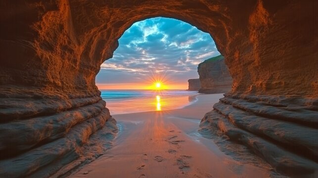 Breathtaking Coastal Sunset Over Serene Beach with Majestic Rock Formations and Vibrant Colors - Powered by Adobe