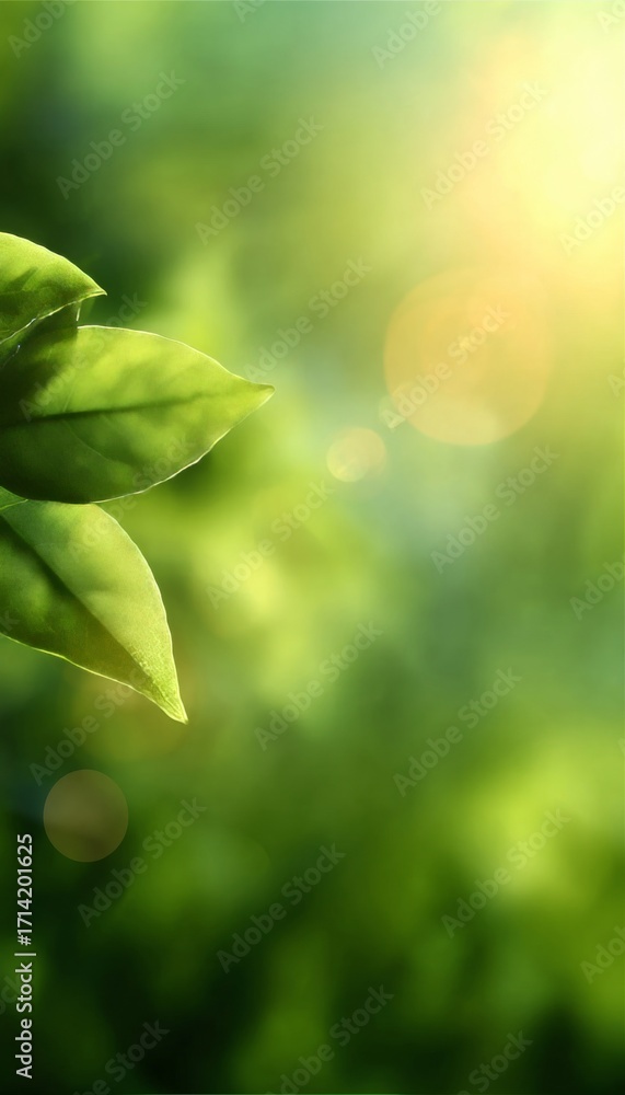 Poster serene nature scene with sunlight flare and lush green leaves creating abstract bokeh background