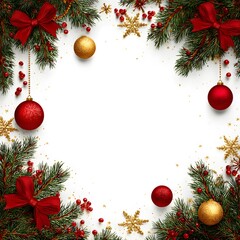 Elegant Christmas Frame With Pine Branches Red Bows Gold Ornaments And Snowflakes holiday winter