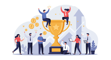 Business success celebration with teamwork and trophy in modern flat art style