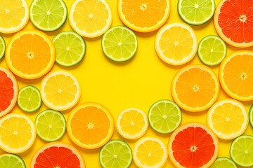 Obraz premium Citrus slices colorful background. Fresh lemon lime orange grapefruit pattern. Summer vitamin fruit texture