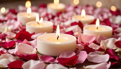 A close-up of burning candles surrounded by scattered rose petals, creating a romantic and relaxing atmosphere with soft lighting