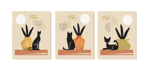 Charming three-piece art set features minimalist cats in warm, earthy tones, artistic feel perfect for adding character to any home.