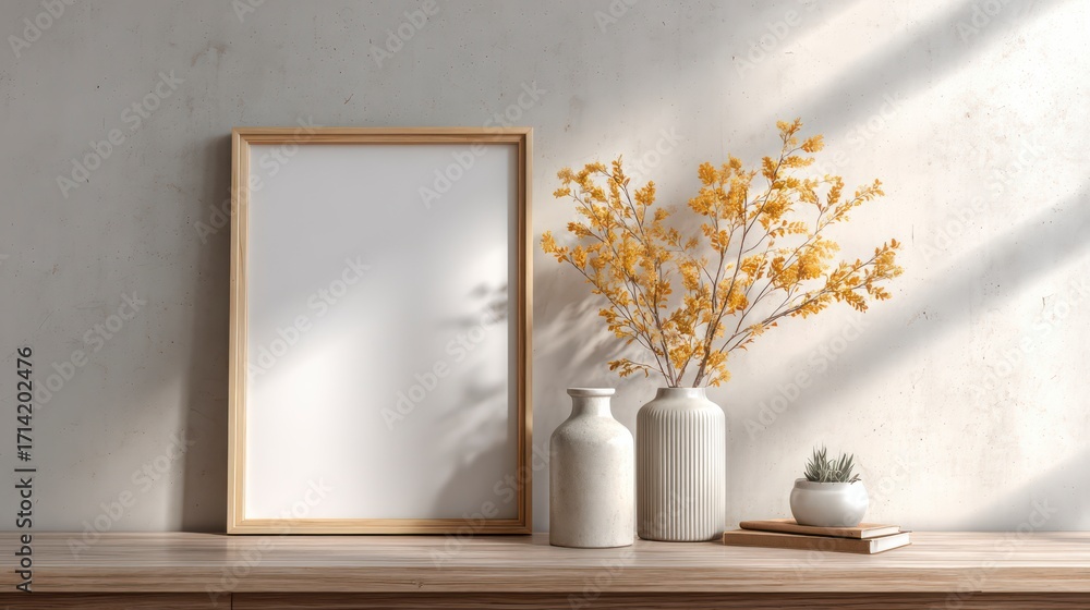 Aufkleber artistic composition with frame and vase: a minimalist setup featuring a blank picture frame and ele