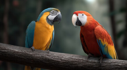 Obraz premium Two vibrant parrots perched on branch, colorful feathers, tropical forest background, cheerful mood