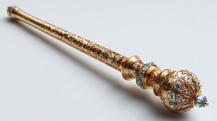 Ornate gold scepter adorned with light blue gemstones, intricate detailing, and a spherical finial