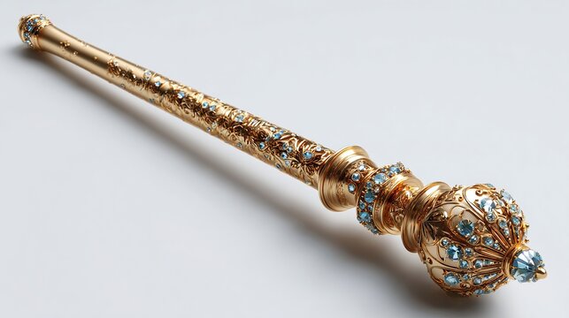 Ornate gold scepter adorned with light blue gemstones, intricate detailing, and a spherical finial