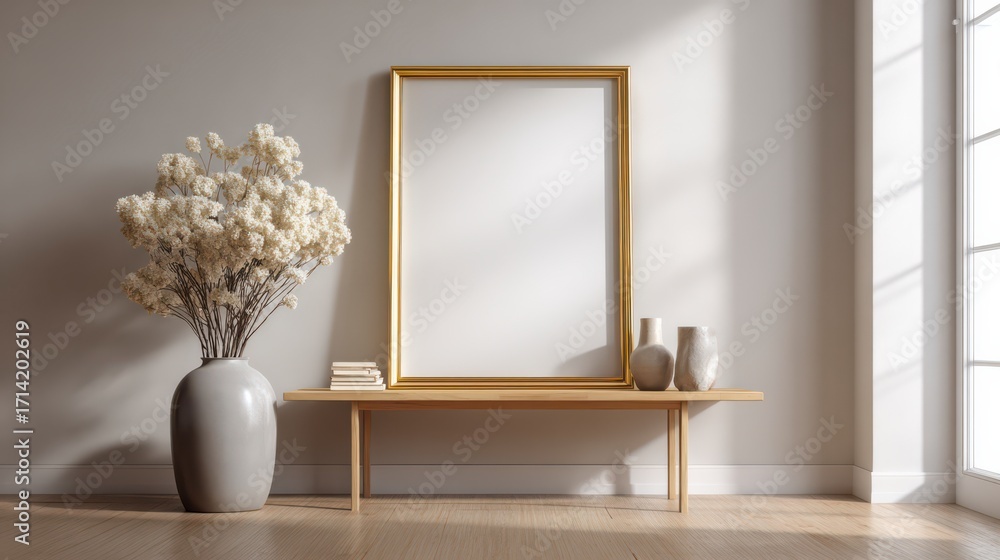 Poster empty frame and elegant display: a serene, modern setting showcases an empty picture frame, poised o