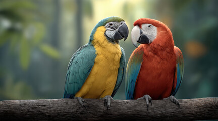 Fototapeta premium Two vibrant parrots, blue yellow and red green, perched on branch in tropical forest, cheerful and colorful wildlife scene
