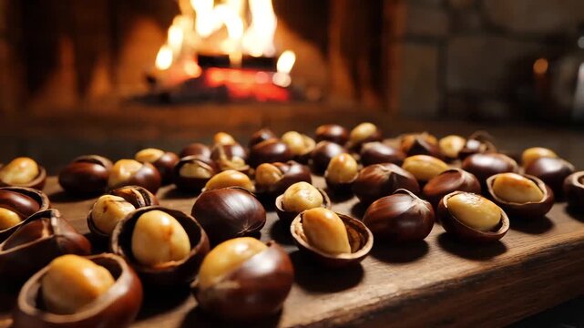 Roasted chestnuts on a rustic wooden table with a cozy fireplace in the background