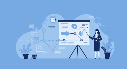 Business presentation with analytics and data visualizations in modern blue hue