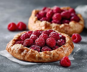Beautiful round shape galettes with raspberries, copy space.
