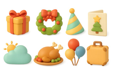 Festive 3d holiday icons with gift, wreath, party hat, and more