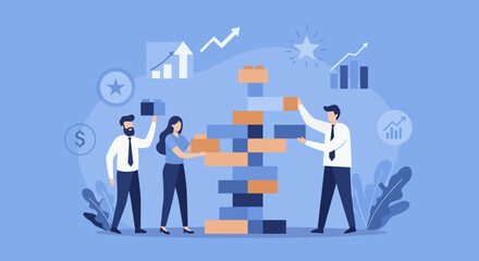 Business team building activity with jenga blocks and growth charts in flat design