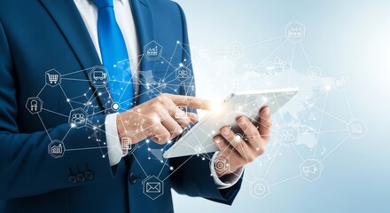 Businessman using a digital tablet with a futuristic network interface for modern business solutions.