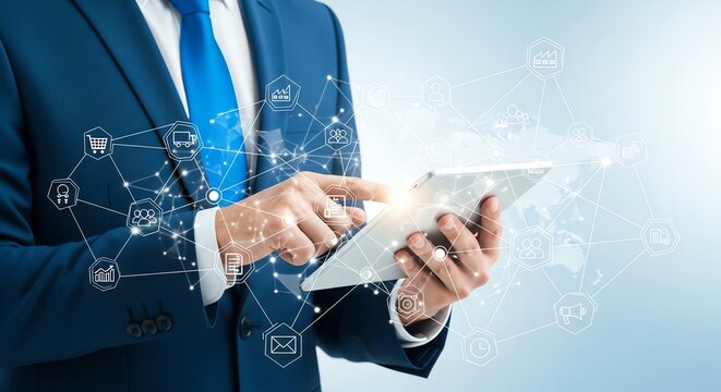 Businessman using a digital tablet with a futuristic network interface for modern business solutions.
