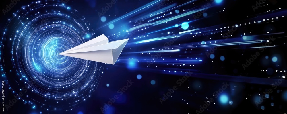 Poster paper airplane soaring through a futuristic digital vortex with dynamic light trails