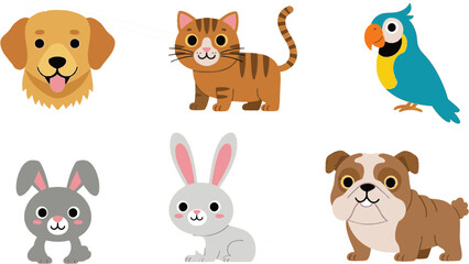 vector pack of different pet breeds, golden retriever, tabby cat, parrot, rabbit, and bulldog