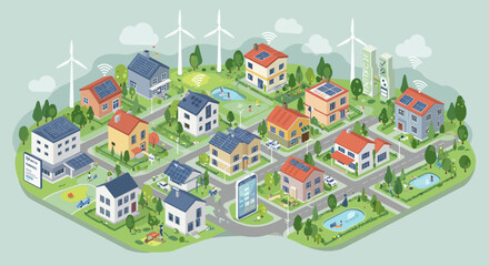 Sustainable smart city with solar energy and wind turbines in isometric design