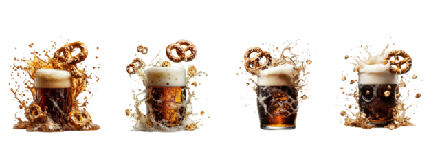Celebrating Oktoberfest with a refreshing splash of beer pretzels floating on transparent background