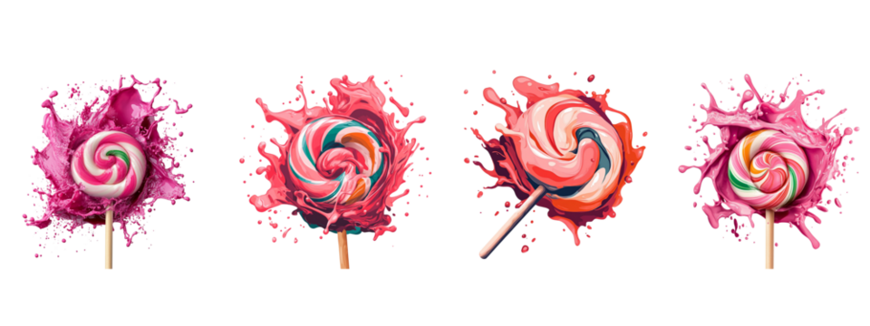 Delicious rainbow lollipops explode with juicy pink flavor in a vibrant on transparent background