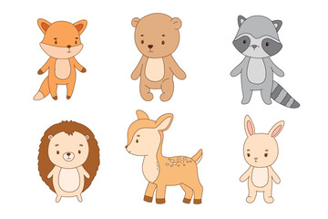 Cute woodland animals, hand drawn flat illustrations set for kids. Isolated fox, bear and bunny