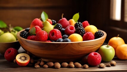 Fresh assorted fruits in a wooden bowl on table with natural light.