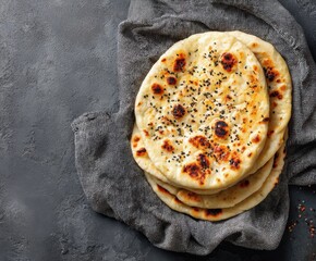 Fresh naan bread on gray cement background with copy space.