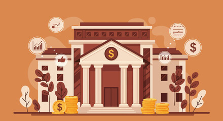 Flat design bank building with financial icons and gold coins on orange background