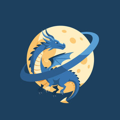 Fototapeta premium Blue dragon encircles a yellow moon against dark blue background.