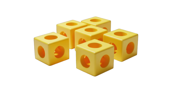 Six yellow cubes with circular holes in formation