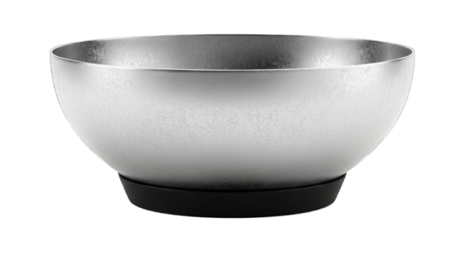Sleek, metallic bowl on a black base, center-lit