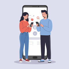 Flat Illustration Young Couple Using Mobile Phone Application Together