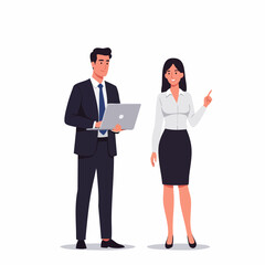 Flat Style Full Body Business People Illustration with Laptop and Posing