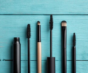Eyebrow gel or mascara brush and other makeup kit on turquoise wooden background.