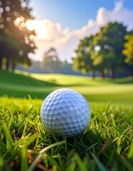 Obraz premium Golf ball on a grassy fairway with a sunlit sky