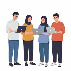 Modern Flat Illustration Diverse Team Working Together Using Laptop
