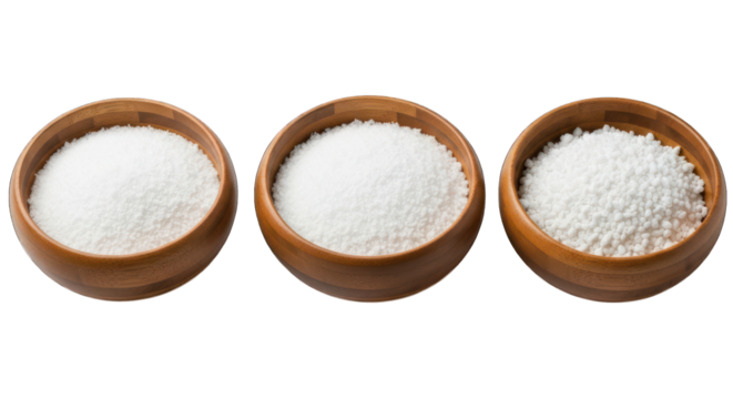 Three wooden bowls filled with varying grain size salt