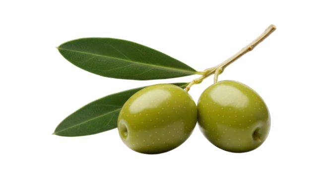 Two olives, twig, leaves. Smooth, shiny. Dark backdrop