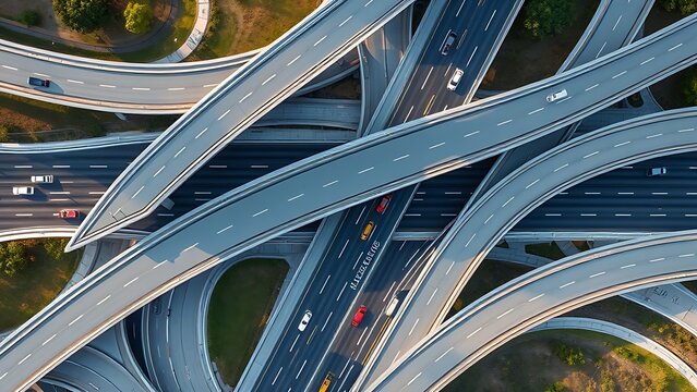 Aerial top view of a modern expressway with flowing traffic patterns.