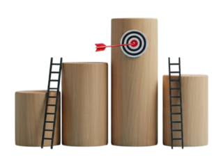 Wood cylinders, ladder, dart on target. Arrow, growth