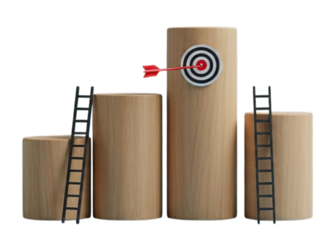 Wood cylinders, ladder, dart on target. Arrow, growth