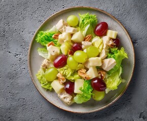 Waldorf salad. American fruit and nut salad with apples, celery, grapes, chicken meat, dressed mayonnaise.