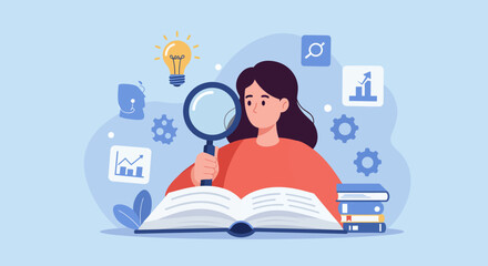 Woman using magnifying glass to study and analyze data in educational concept art