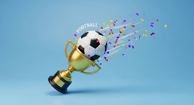 Golden Football Trophy With Soccer Ball and Exploding Confetti image photo